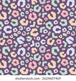 Simple pastel leopard skin print seamless pattern. Cheetah skin flat style background in retro boho colors. Hand drawn gender neutral pastel leopard print background. Cute and fun kids safari design.
