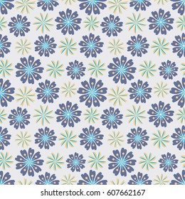 Simple pastel seamless pattern with blue and yellow geometrical flowers on light gray background. Funny childish texture for congrats wrap, postcard, fabric.