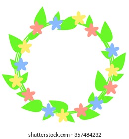 Simple pastel spring flowers and leaves garland, natural wreath with empty circle place for text, vector illustration