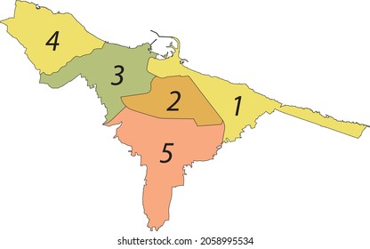 Simple pastel vector administrative map with black borders and name tags of urban city municipalities of Bari, Italy