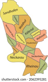 Simple pastel vector administrative map with black borders and name tags of urban city districts of Mannheim, Germany