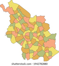 Simple pastel vector map with black borders of district city parts of Cologne, Germany