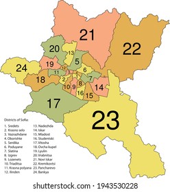 Simple pastel vector map with black borders and names of districts of Sofia, Bulgaria