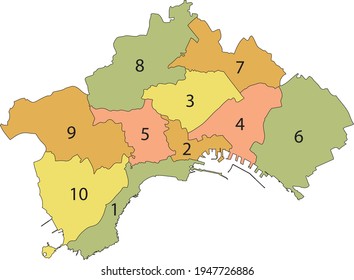 Simple pastel vector map with black borders and names of municipalities of Naples, Italy
