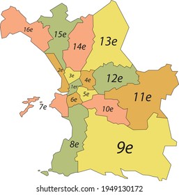 Simple pastel vector map with black borders and names of arrondissements of Marseille, France