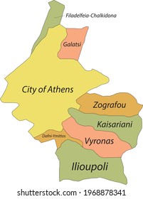 Simple pastel vector map with black borders and names of municipalities of Athens, Greece