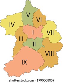 Mapa simple de vector pastel con bordes negros y nombres numéricos latinos de los distritos de Essen, Alemania