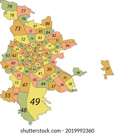 Simple pastel vector map with black borders and numeral names of statistical districts of Nuremberg, Germany