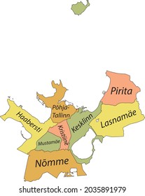 Simple pastel vector map with black borders and name tags of urban city districts of Tallinn, Estonia