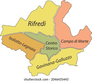 Simple pastel vector map with black borders and name tags of urban city districts of Florence, Italy