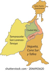 Simple pastel vector map with black borders and name tags of urban city districts of Las Palmas, Spain