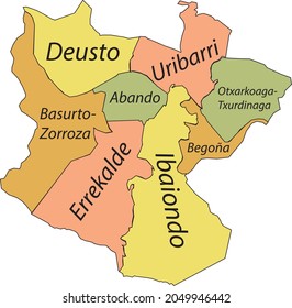 Simple pastel vector map with black borders and name tags of urban city districts of Bilbao, Spain