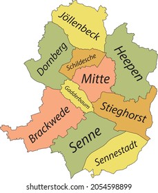 Simple pastel vector map with black borders and name tags of urban city districts of Bielefeld, Germany