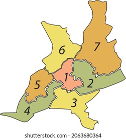 Simple pastel vector map with black borders and name tags of urban city cantons of Nantes, France