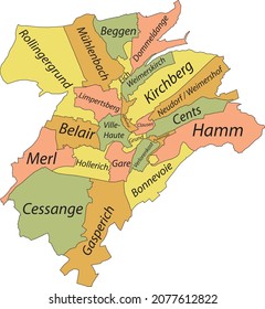 Simple pastel vector map with black borders and name tags of urban city quarters of Luxembourg City, Luxembourg