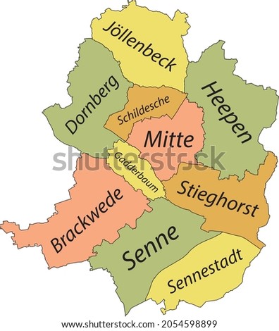 Simple pastel vector map with black borders and name tags of urban city districts of Bielefeld, Germany