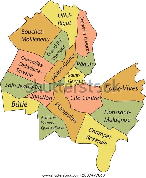 Simple pastel vector map\
with black borders and name tags of urban city districts of Geneva,\
Switzerland