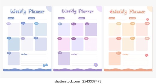 Simple Pastel Weekly Planner Template with Notes Section.A simple and pastel themed weekly planner template, featuring soft colors and a notes section for easy organization.