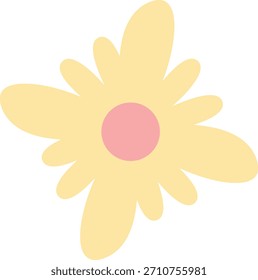 Flor de color amarillo pastel simple con pétalos redondeados y un centro rosa, adecuado para diseños infantiles, pegatinas, estampados, scrapbooking, decoraciones y proyectos gráficos creativos.