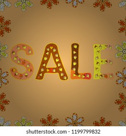 Simple patches, poster, badges in cute art style. Sale banner template design. Lettering. Illustration in beige, orange and yellow colors. Seamless. Vector.