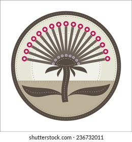 simple patchwork round badge with abstract thistle flower on foreground