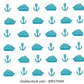 Simple pattern with anchors and ships. Vector seamless background.