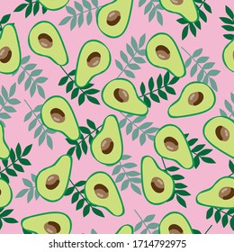A simple pattern of avocado. Pink background, ripe avocado, leaves. The print is well suited for textiles, Wallpaper and packaging.