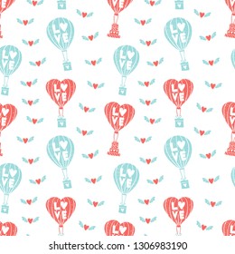 Simple pattern. Balloons carries a gift. Hearts fly on wings. Romantic theme for holiday decoration. Balloon with the word love