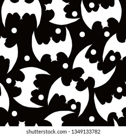 A simple pattern of a bat. Black background, white bats. Halloween. Print is well suited for textiles, postcards, banners.