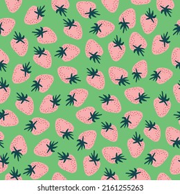 A simple pattern of berries. pink strawberries. bright green background. Fashionable print for textiles, wallpaper and packaging.