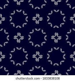 a simple pattern of blue circles and squares in the Doodle style. blue trend color. vector illustration on a dark blue background. For fabric design, packaging paper, textiles, tableware design, mugs.