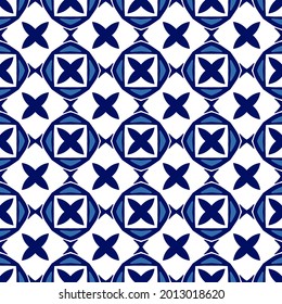 Simple pattern blue and white ceramic tiles. Vector square repeat design
