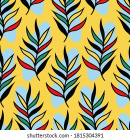Simple pattern of a branch with colored leaves on a yellow background.