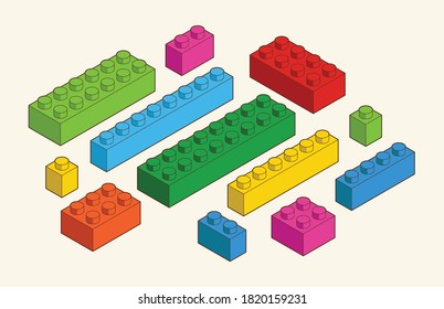 Simple pattern of building block, bricks for children. Vector isometric illustration. Colored bricks isolated on white background.
