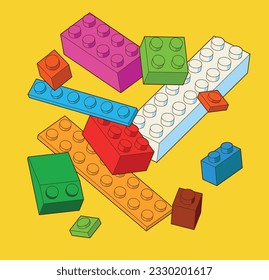 Patrón simple de bloques de construcción, ladrillos para niños. Ilustración isométrica vectorial. Ladrillos de colores aislados en un fondo blanco.