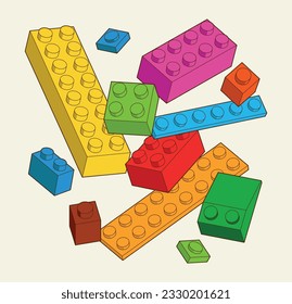 Patrón simple de bloques de construcción, ladrillos para niños. Ilustración isométrica vectorial. Ladrillos de colores aislados en un fondo blanco.