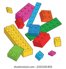 Patrón simple de bloques de construcción, ladrillos para niños. Ilustración isométrica vectorial. Ladrillos de colores aislados en un fondo blanco.