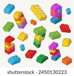 Simple pattern of building block with numbers 5, 6,  7,  8, 9 bricks for children. Vector isometric illustration. Colored bricks isolated on white background.