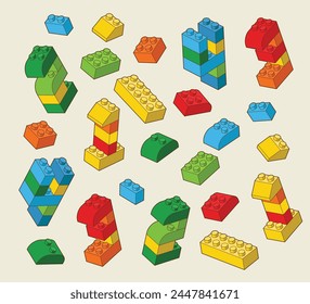 Simple pattern of building block with numbers 1, 2,  3,  4, bricks for children. Vector isometric illustration. Colored bricks isolated on white background