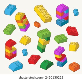 Simple pattern of building block with numbers 5, 6,  7,  8, 9 bricks for children. Vector isometric illustration. Colored bricks isolated on white background.