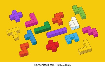 Simple pattern of building block, tetris bricks for children. Vector isometric illustration. 3d block set isolated on white background.