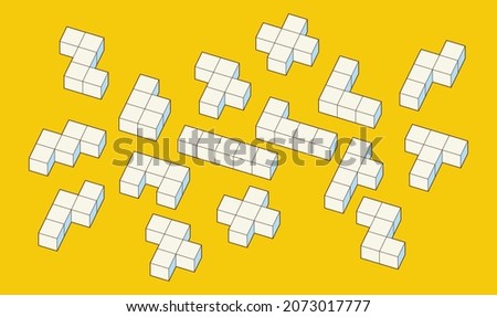 Simple pattern of building block, tetris bricks for children. Vector isometric illustration. 3d block set isolated on white background.