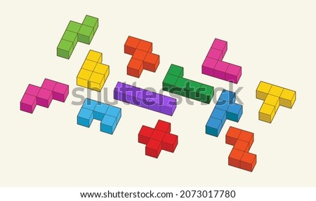 Simple pattern of building block, tetris bricks for children. Vector isometric illustration. 3d block set isolated on white background.