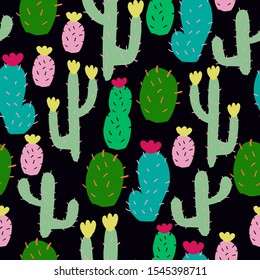 A simple pattern of cacti. Black background, bright colored cacti. The print is well suited for textiles, Wallpaper, banner and packaging.