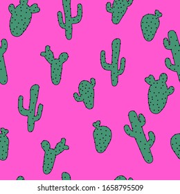 A simple pattern of cacti. Bright pink background, funny cacti. The print is well suited for textiles, Wallpaper, and packaging.