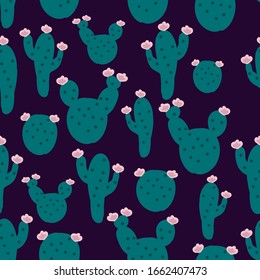 A simple pattern of cacti. A dark background and a cute green cactus with pink flowers. The print is well suited for textiles, Wallpaper, and packaging.