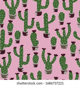 A simple pattern of cacti. Pink background, funny cacti with flowers. The print is well suited for textiles, Wallpaper and packaging.