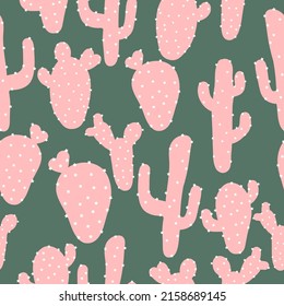 A simple pattern of cacti. Pink cacti.  green background. Fashionable print for textiles, wallpaper and packaging.
