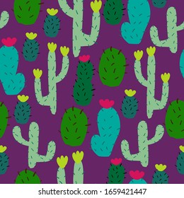 A simple pattern of cacti. Purple background, funny cacti with flowers. The print is well suited for textiles and Wallpaper.