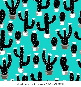 A simple pattern of cacti. Turquoise background, funny black cacti with white flowers. The print is well suited for textiles, Wallpaper, and packaging.